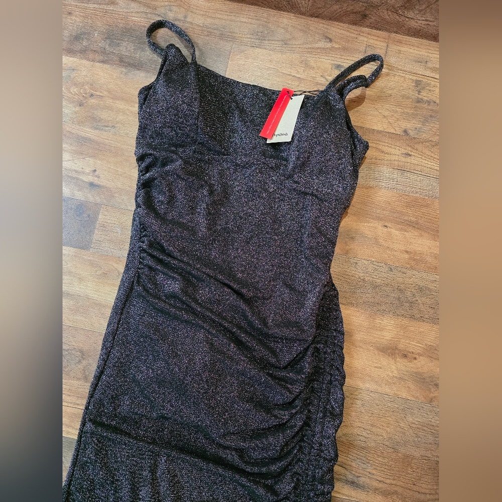 Popilush Women's Black Sparkly Square Neck Ruched Cocktail Midi Dress Size XL - Picture 8 of 13